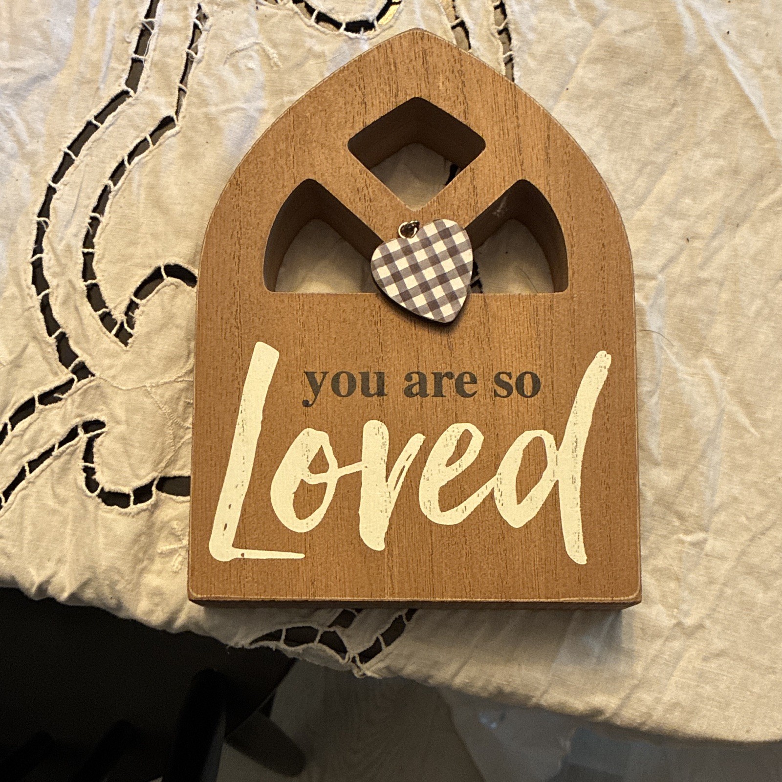 Wood House Plaque “You Are So Loved” Gingham Heart, Freestanding Painted