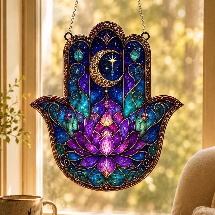 Acrylic Hamsa Hand Suncatcher, Celestial Lotus Flower Window Hanging