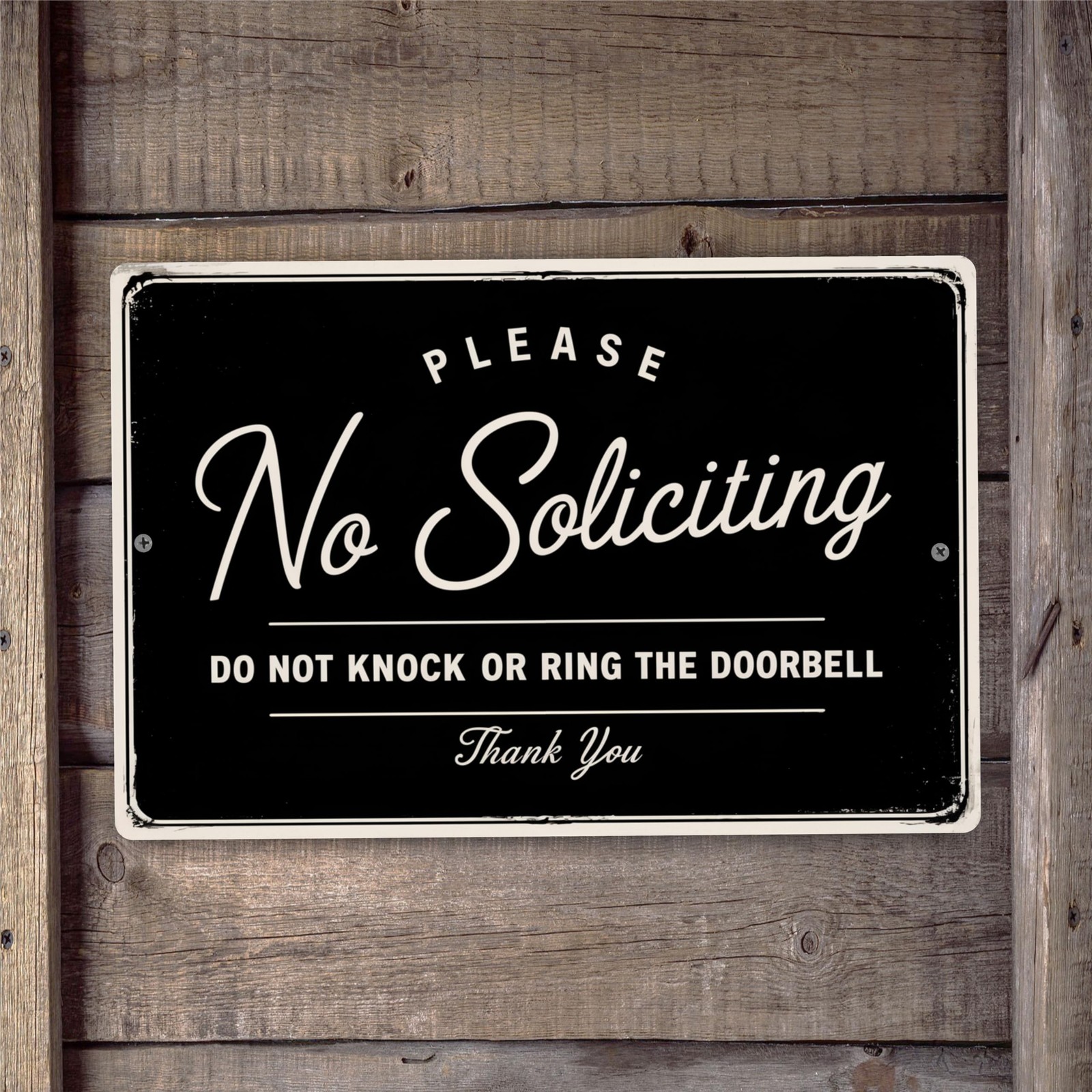 No Soliciting Sign 8×12 Vintage Black White Aluminum Composite