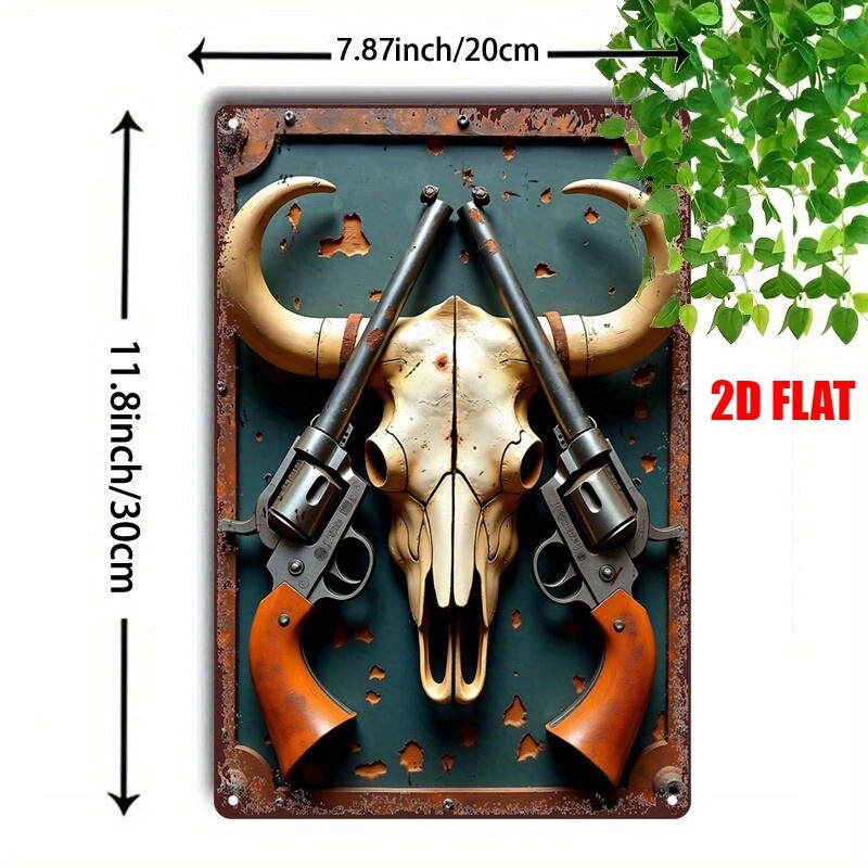 Retro West Cowboy Metal Wall Art Rustic Skull Revolver Tin Plaque Bar/Cafe Decor