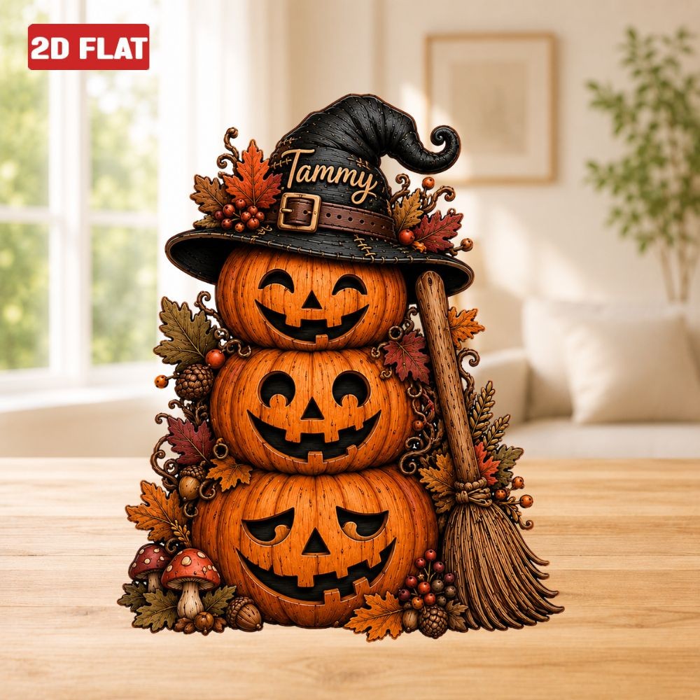 Custom Halloween Pumpkin 2D FLAT Wood Block Spooky Pumpkin Fall Cozy Sign Decor