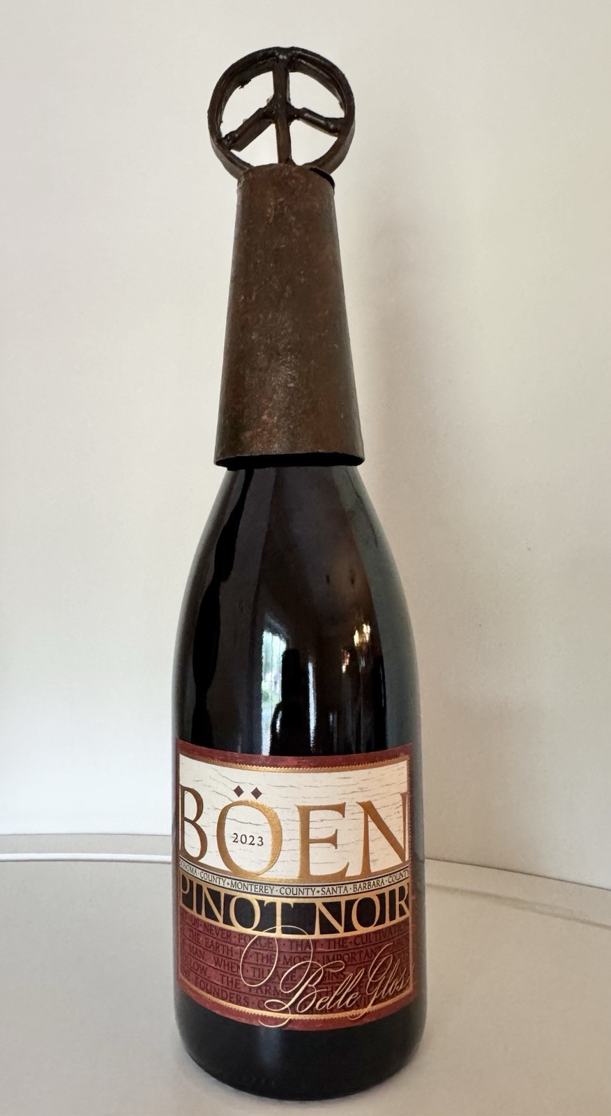 Handmade Rustic Peace Sign Wine Bottle Topper Boho Folk Art Metal Decor