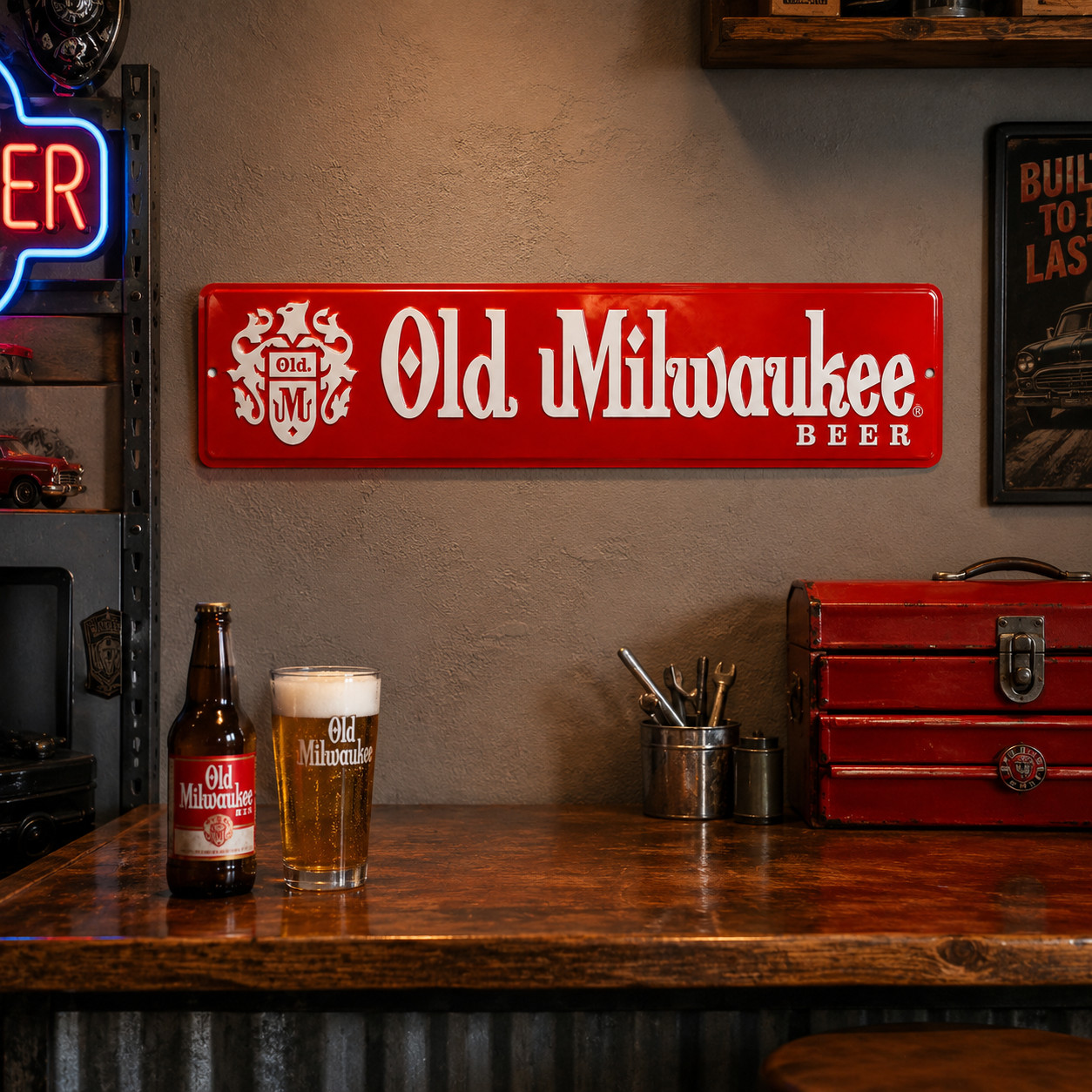 Old Milwaukee Beer Sign Embossed Metal Street Sign 24″ x 5″ Bar Wall Decor