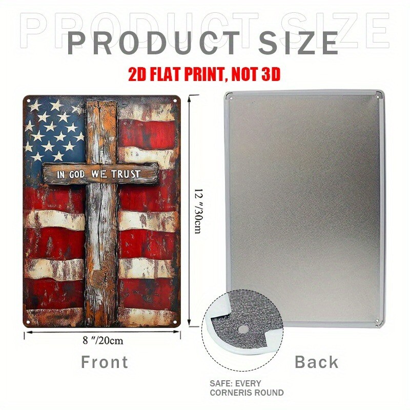 TIN SIGN American Flag with Cross Patriotic Sign Rustic Distressed Metal Decor