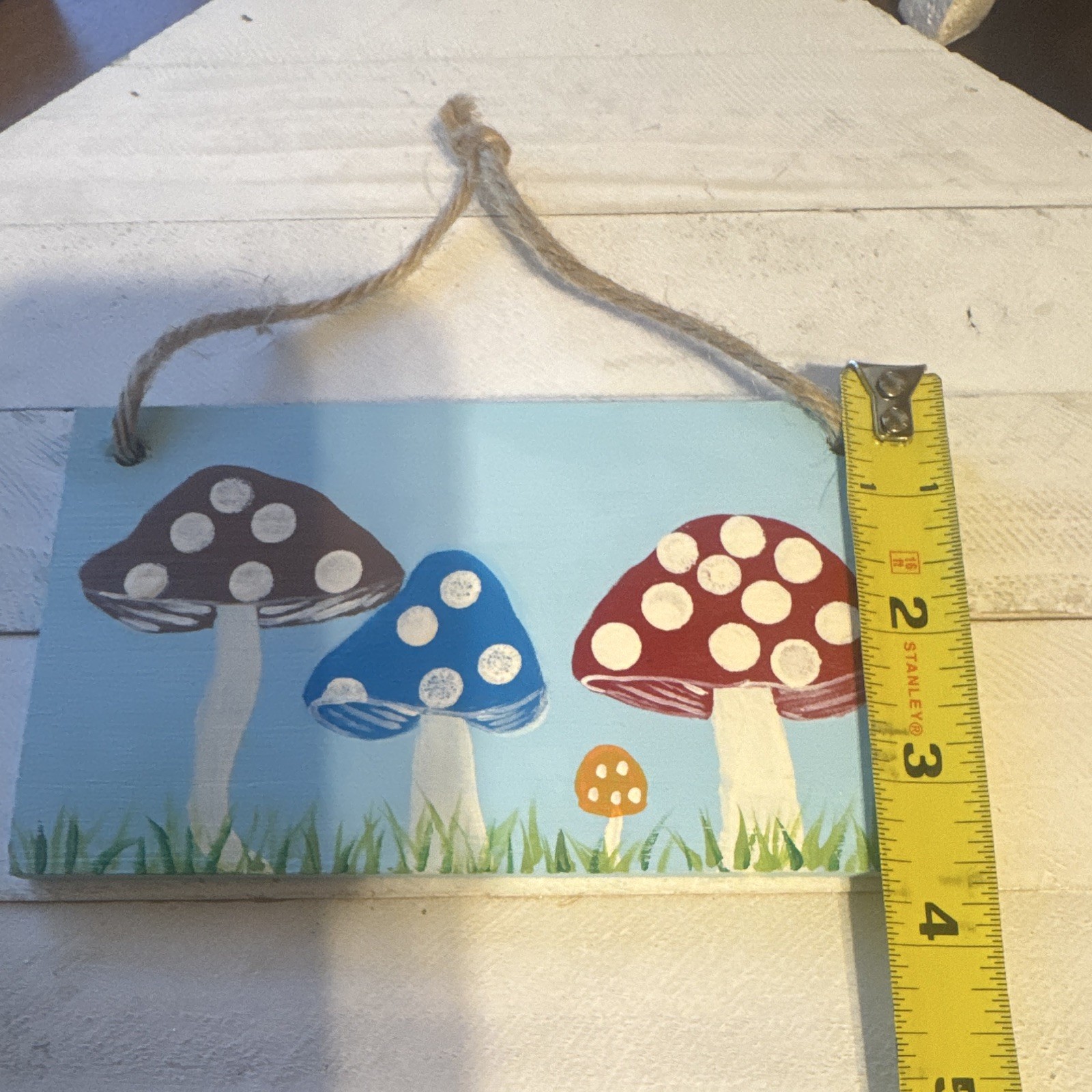 Rustic Wooden Hanging Mushroom Sign w/ Rope Hanger, Blue Rectangular Plaque
