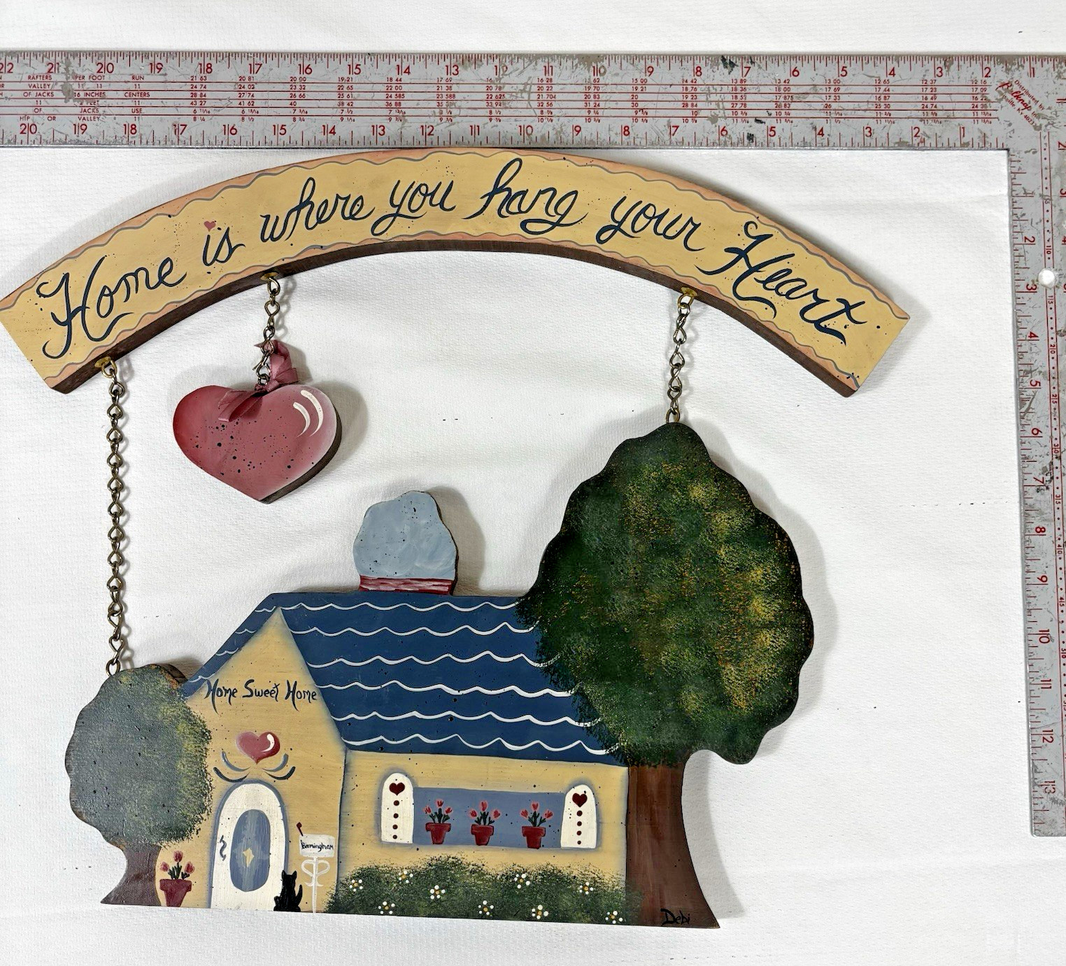 Vintage Folk Art “Home Is Where You Hang Your Heart” Wood Wall Hanging Decor