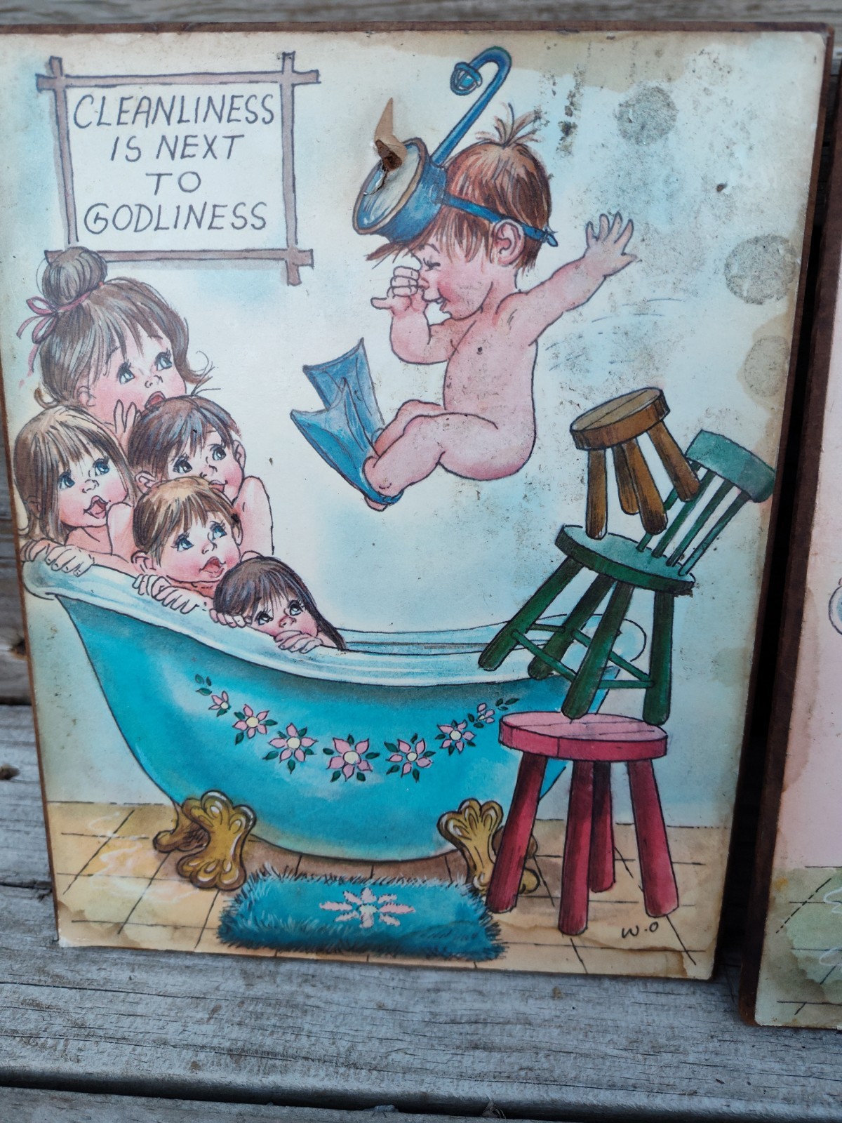 Retro 70’s “Save Water And Cleaniness” Bathroom Signs / Wood – Boys And Girls