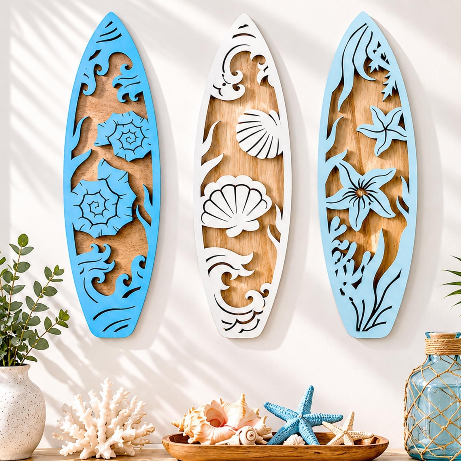 3 Pcs Ocean Beach Surfboard Wall Decor – Coastal Wooden Hanging Sign Set, Nautic