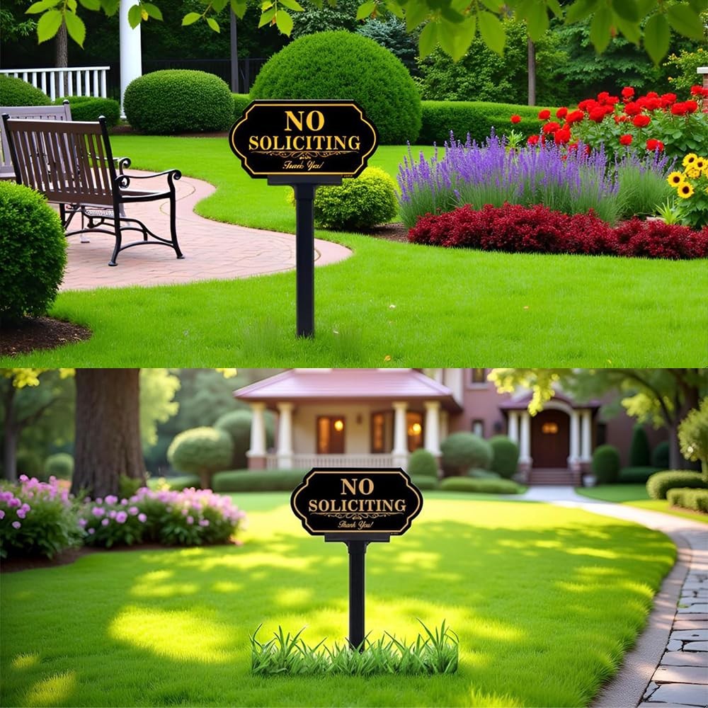 No Soliciting Yard Sign Aluminum 14×7 Inch With Fiberglass Stake Weatherproof
