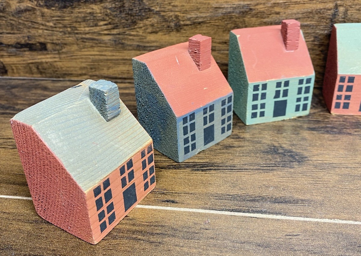 Primitive Wooden WELCOME Block Set House Village Shelf Sitter Folk Art Decor