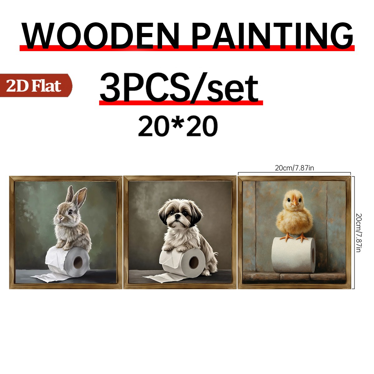 3Pcs Rustic Puppy Bunny Duck Toilet Paper Wooden Sign Framed Farmhouse Decor