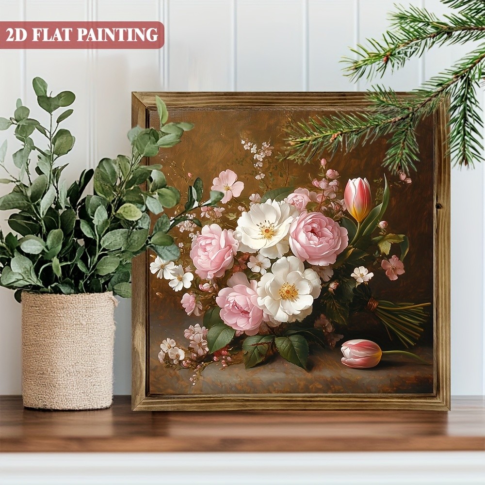 Warm Vintage Pink White Flower Bouquet Wooden Sign For Dining Wall Decor