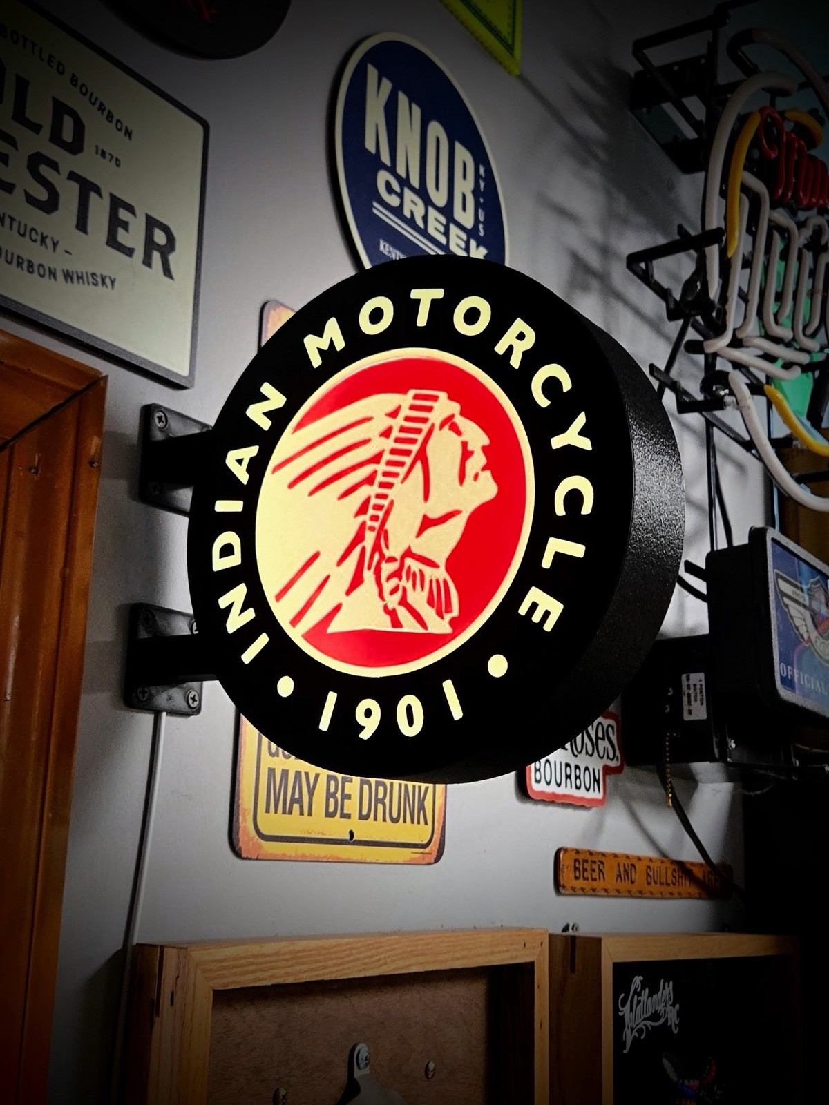 Indian Motorcycle Round LED Light Box | Double Sided Garage Sign RGB