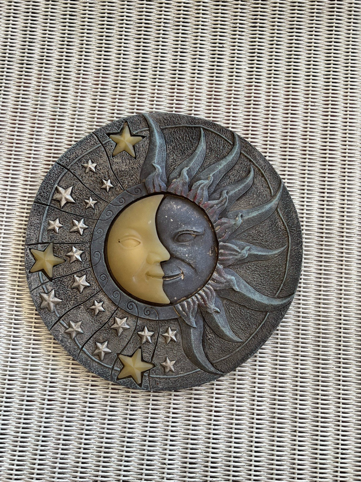 Glow in the Dark Sun Moon Stars Resin Vintage Round Stepping Stone, Medium 10″