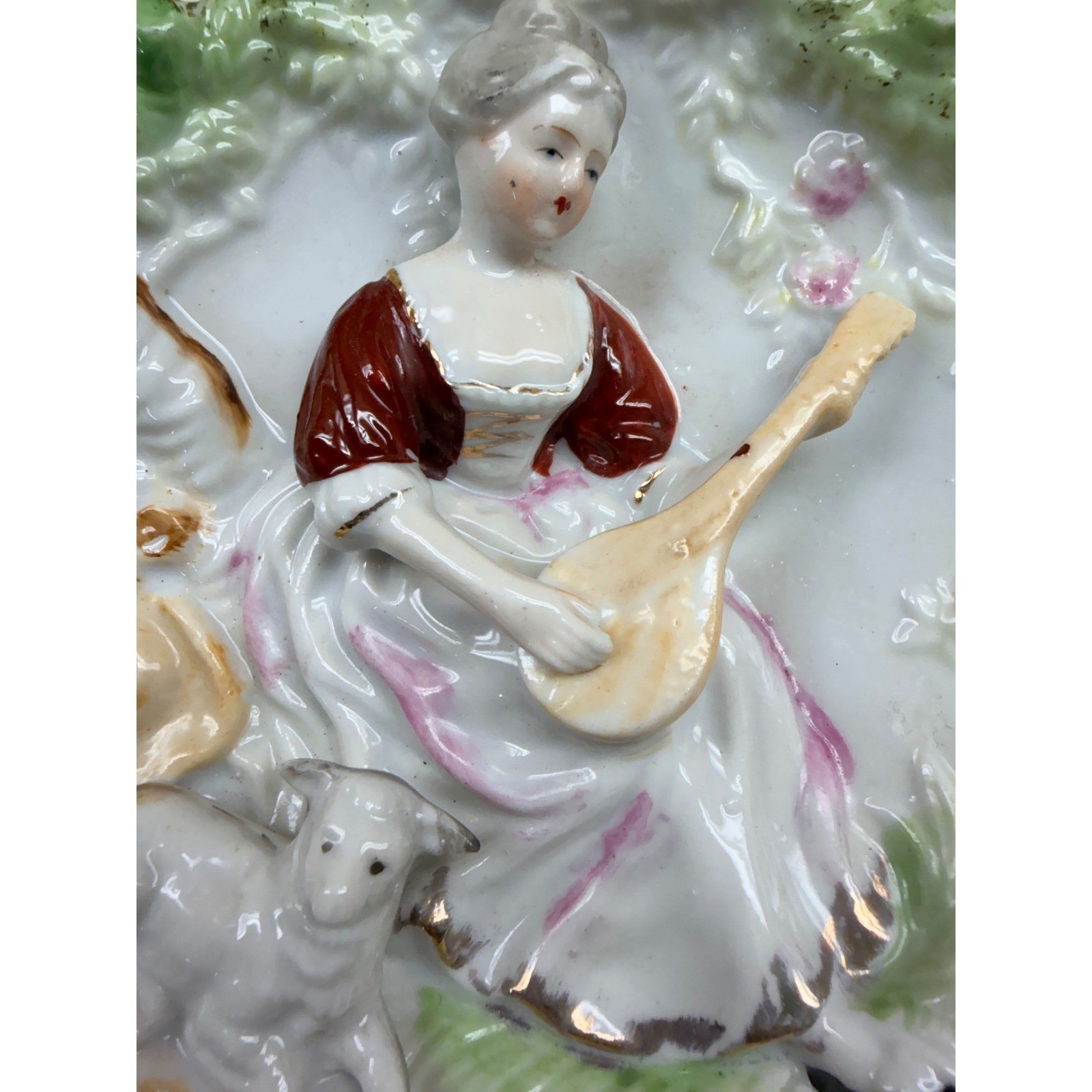 Vintage Porcelain 3D Relief Wall Plaques Set 2 6″ Multicolor Pastoral Figures