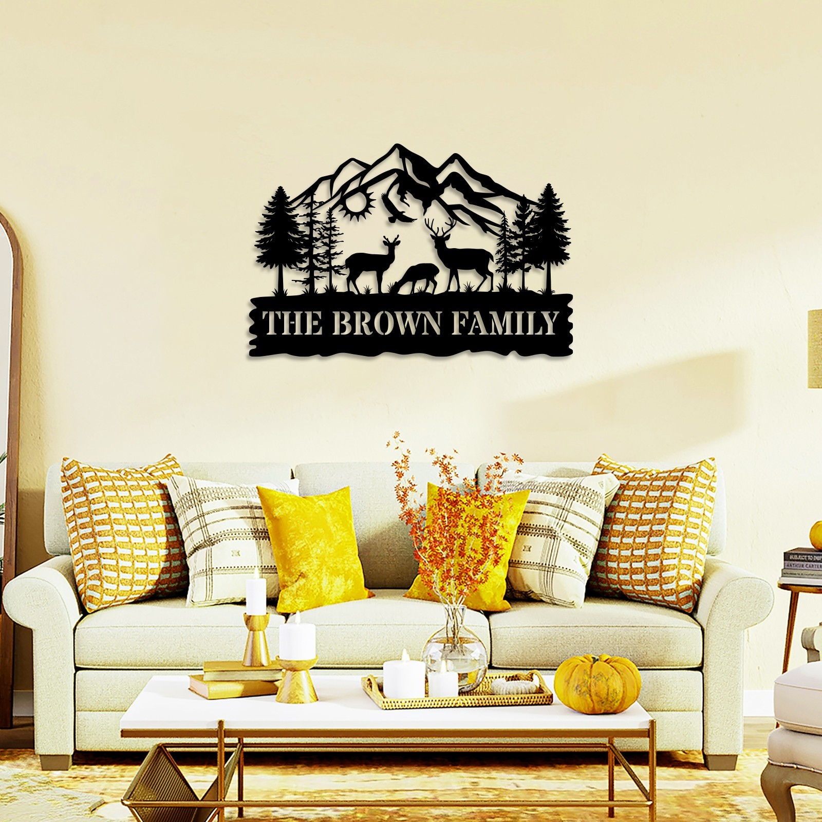 Custom Family Metal Sign, Personalized Mountain Deer Wall Art,Metal Wall Art