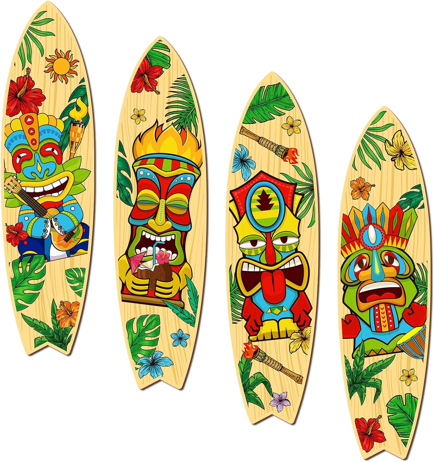 4 Pcs Tiki Surfboard Wall Decor Surfboard Wall Hanging Sign Wooden Beach