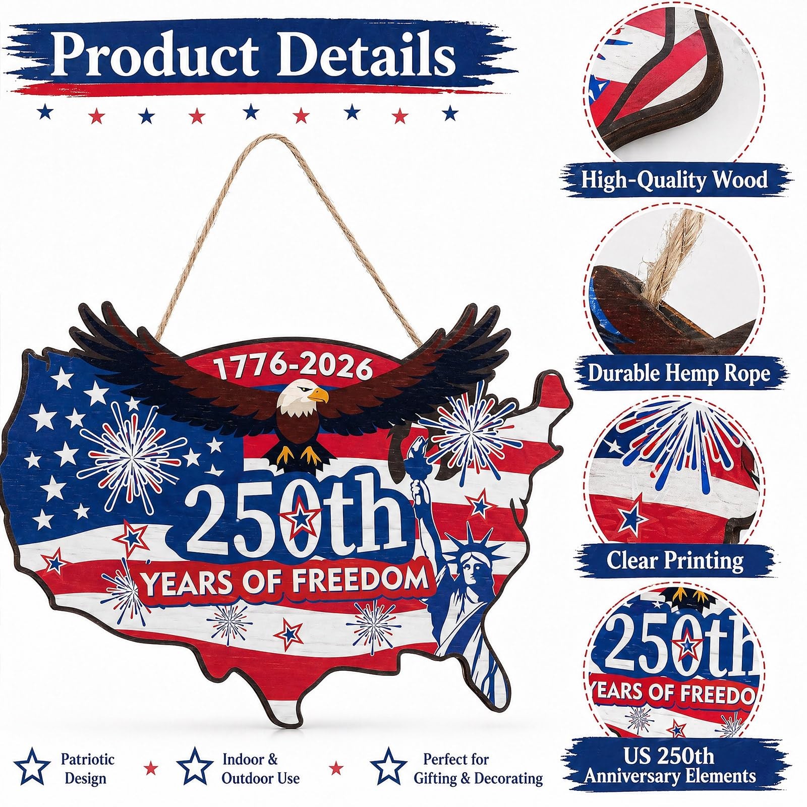 America 250th Anniversary Wood Sign 4th of July Door Wreath Independence Day Woo