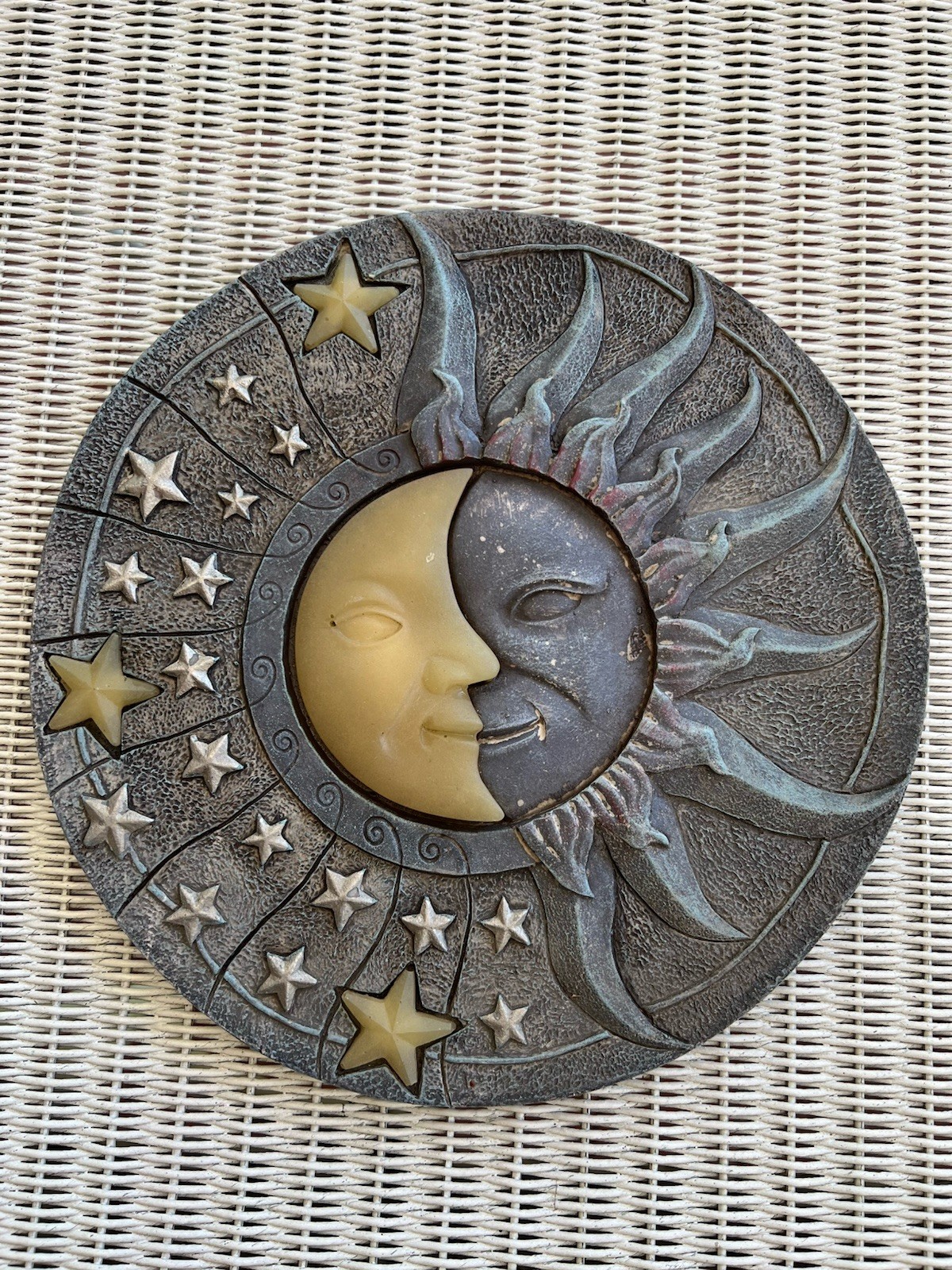Glow in the Dark Sun Moon Stars Resin Vintage Round Stepping Stone, Medium 10″