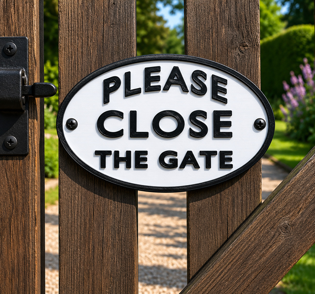 Please Close The Gate Oval Sign Black & White Thick PLA Plaque