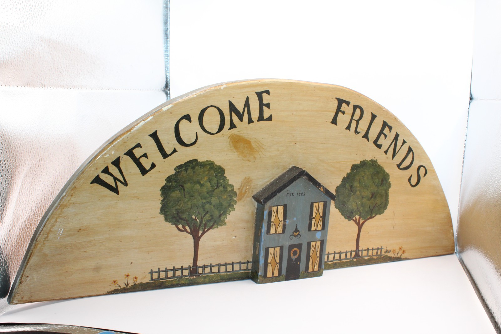 Vintage WELCOME FRIENDS Handcrafted Wood Arched Hand Painted House Sign Plaque