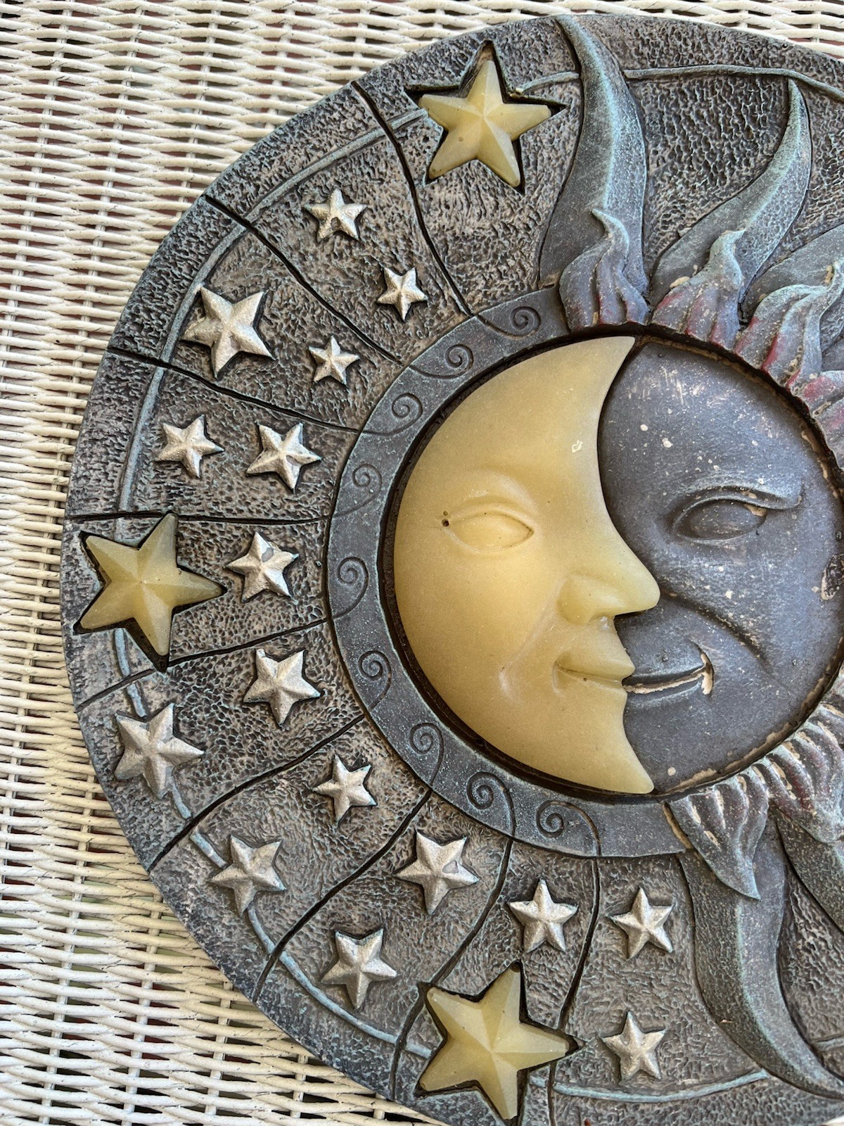 Glow in the Dark Sun Moon Stars Resin Vintage Round Stepping Stone, Medium 10″