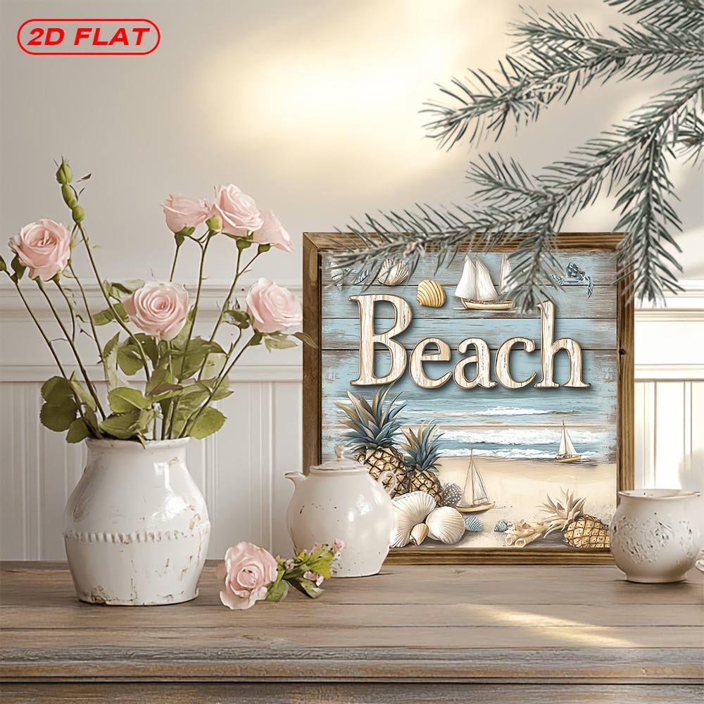 Wooden Plaque Rustic Beach Pineapple Seashell Nautical Home Wall Decor Gift