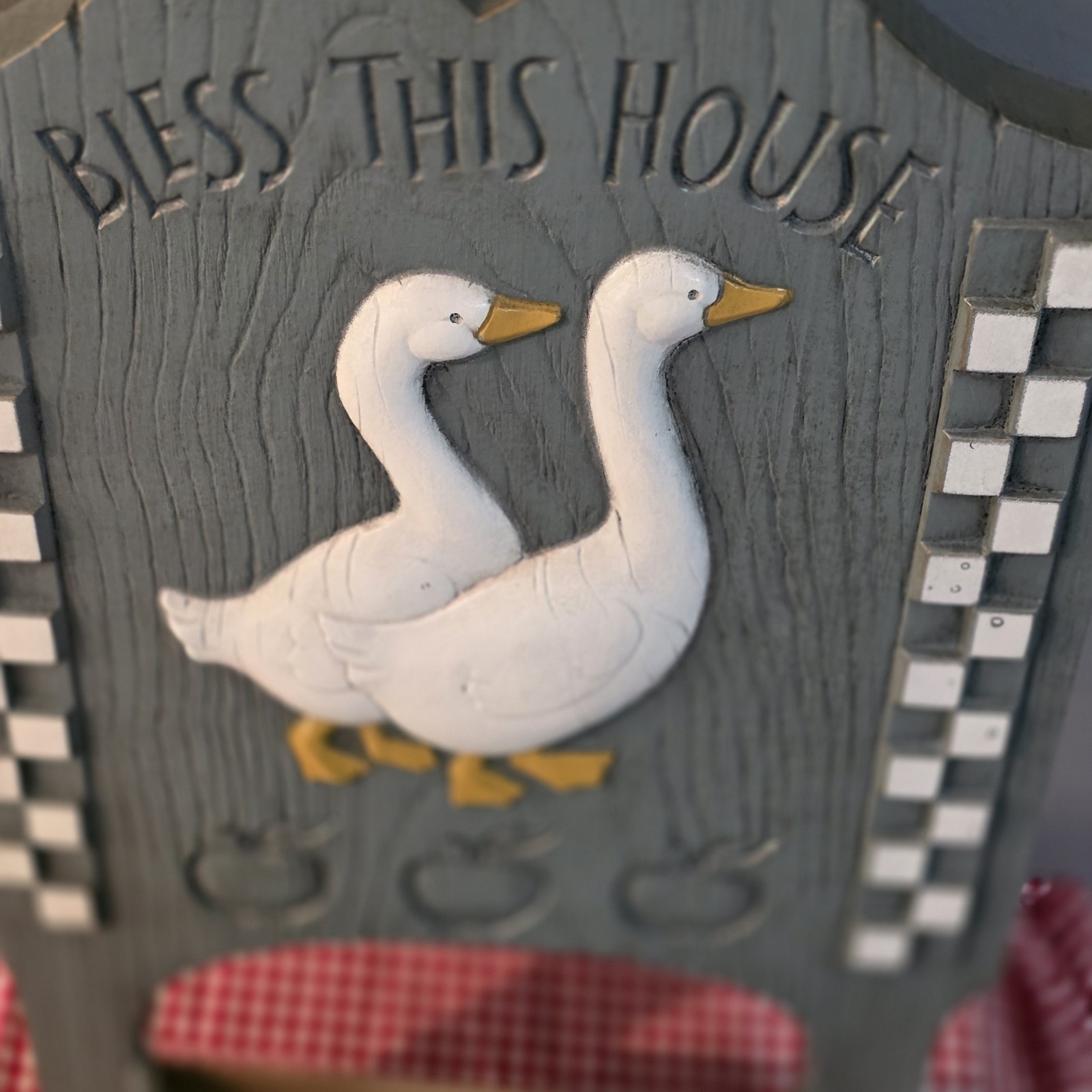 Burwood Bless This House Geese Plaque Wall Decor Vintage Gray White Checkerboard