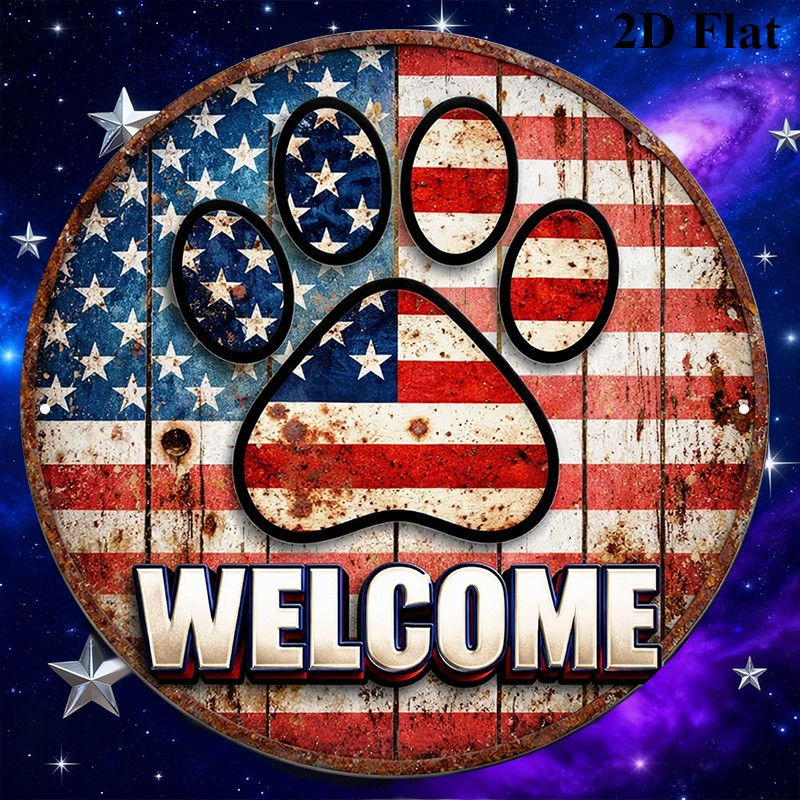 2D “American Flag Paw ” Vintage Patriotic Metal Sign Room Kitchen Garage Decor