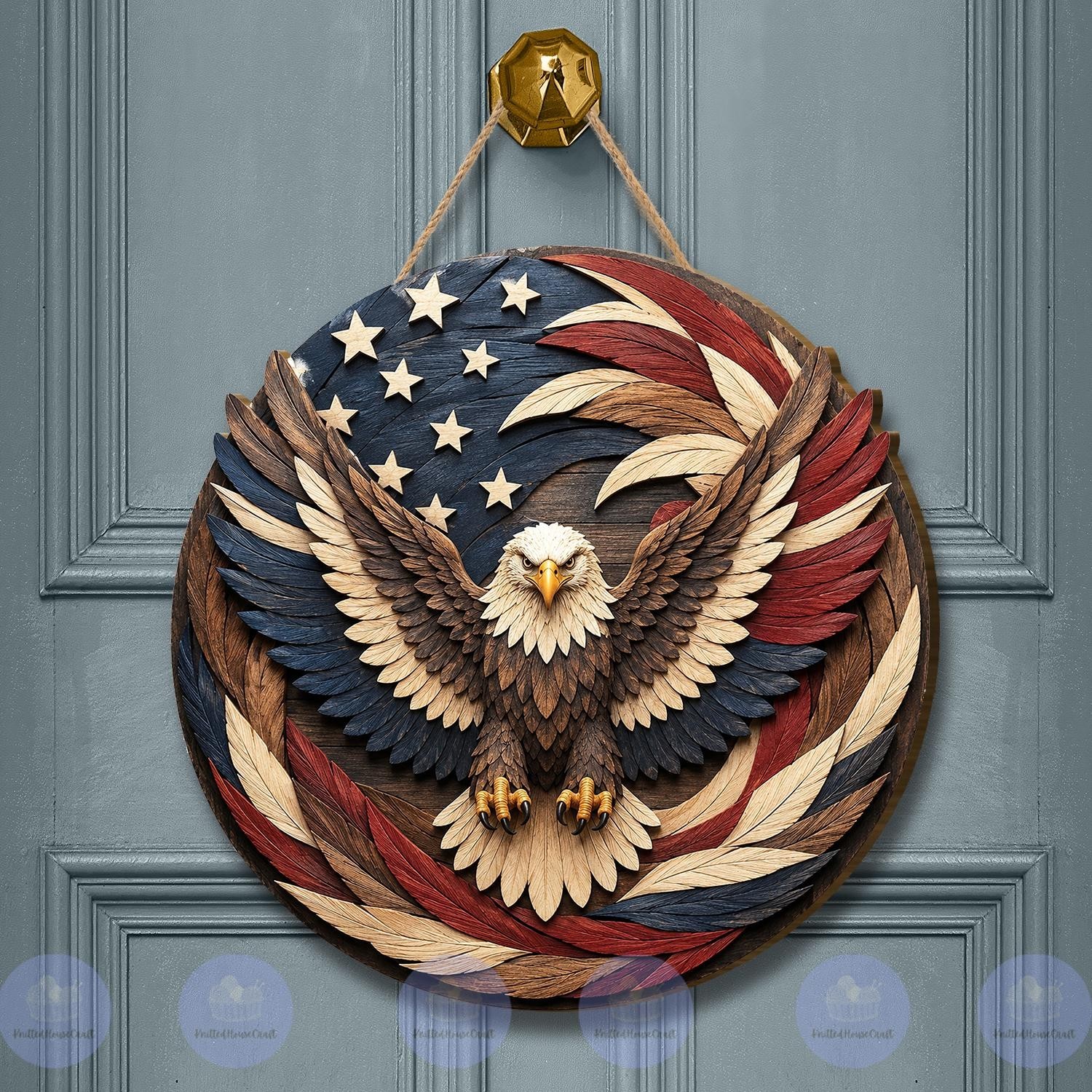 Patriotic Eagle Wooden Door Hanger, Americana Front Porch Sign, Rustic American