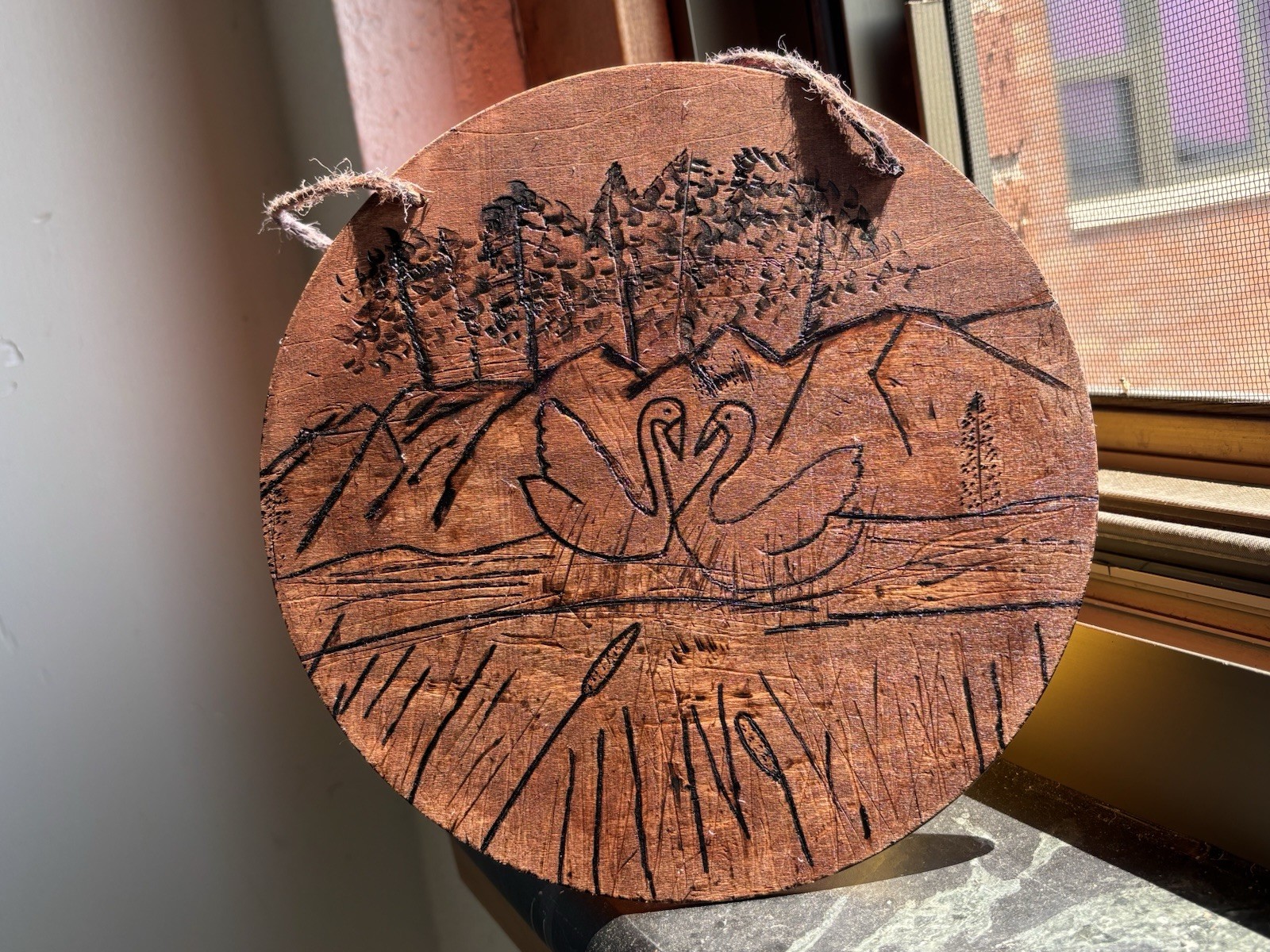Handmade Wood-Burned Swan Lake Theme Circular Pyrography with Twine