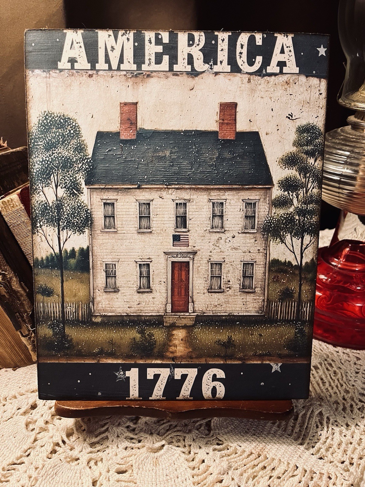 Saltbox House, America 1776, Folk Art, Primitive Handcrafted Plaque / Sign