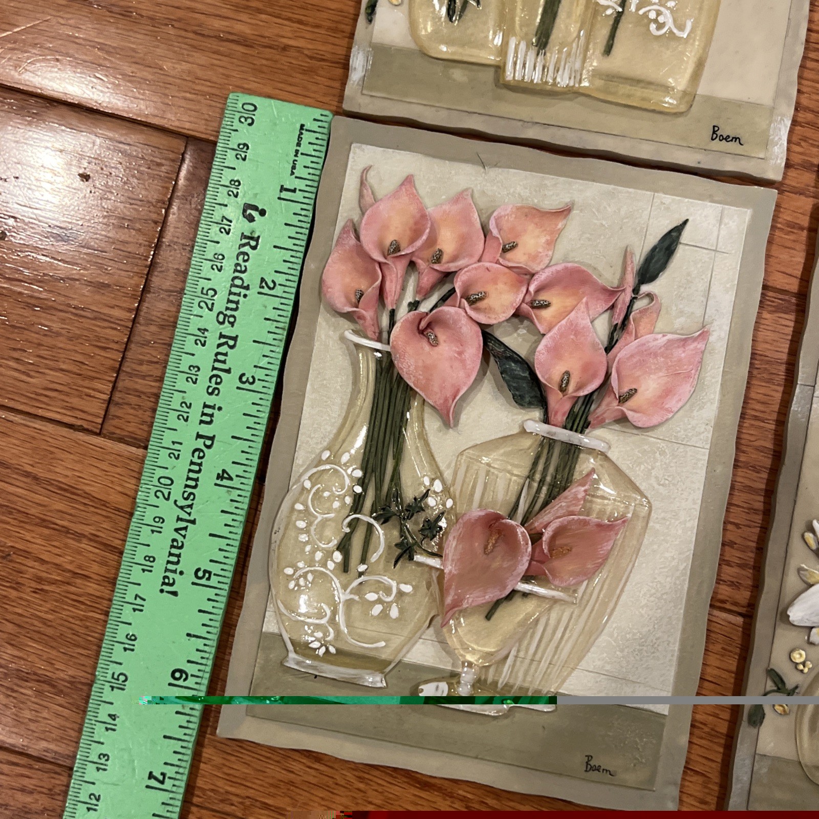 4 Vtg 3D Wall Art Tiles Raised Pink & White Flowers In Resin Vases Boem Set Lot