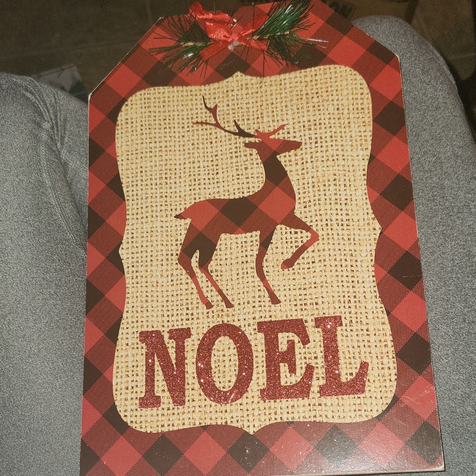 Christmas NOEL Reindeer Wood Wall Sign Plaid Farmhouse Glitter Red Black Beige