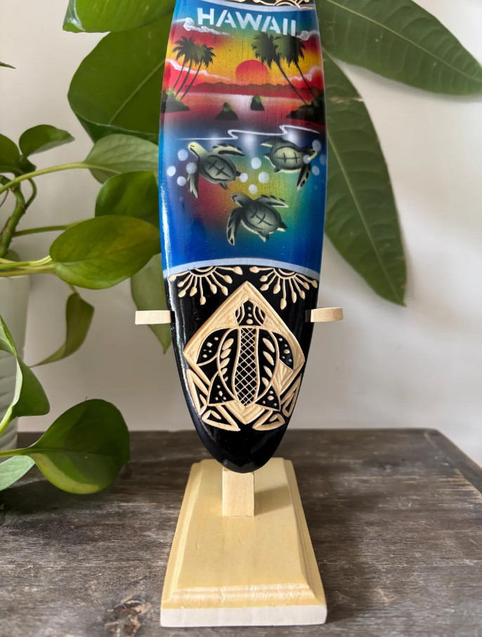 Hawaiian Hand Made 12″ Carved Wood Surfboard Display Stand Sunset Honu Turtles