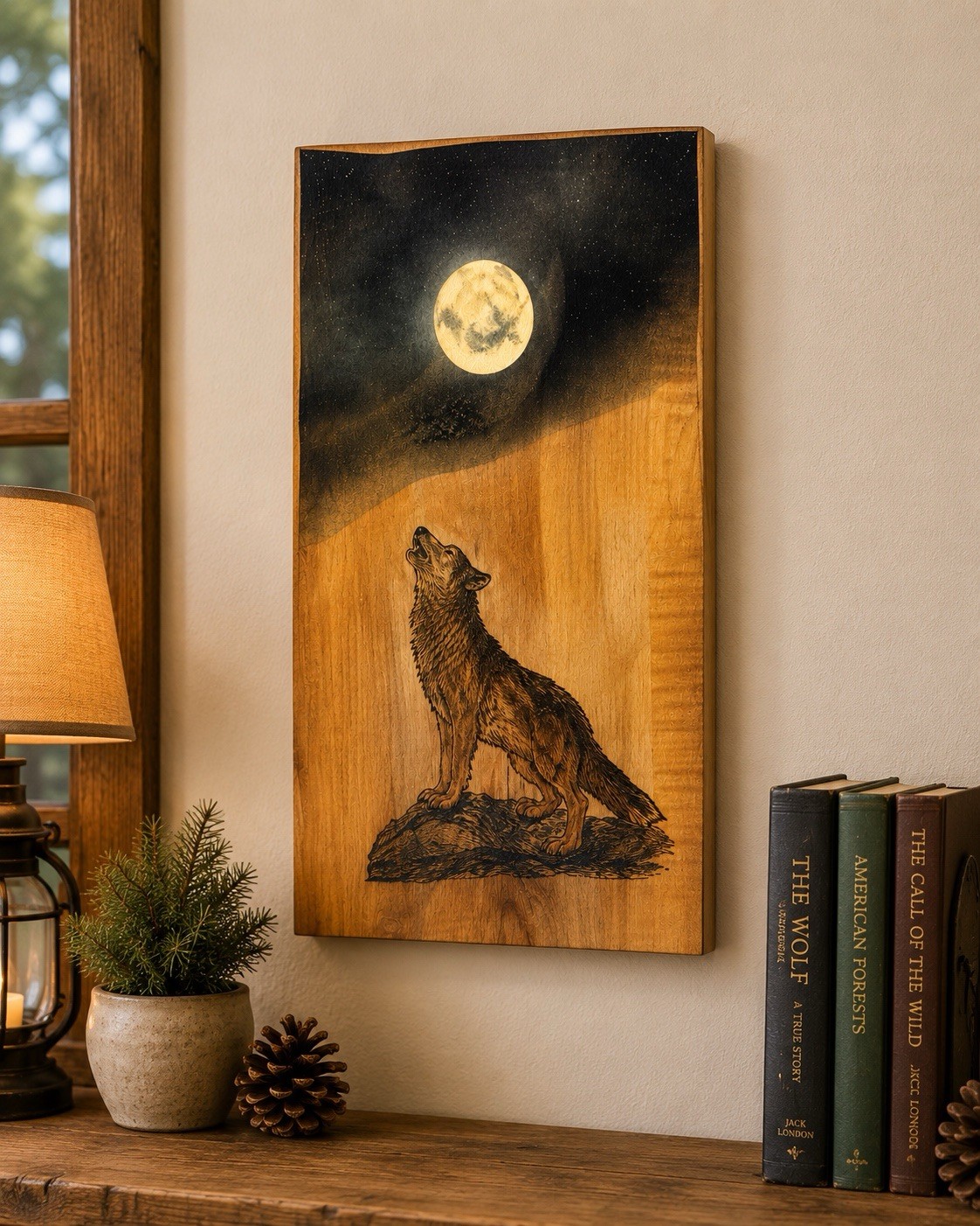 Handmade Live Edge Wood Wall Art Engraved Howling Wolf Moon Rustic Cabin Decor