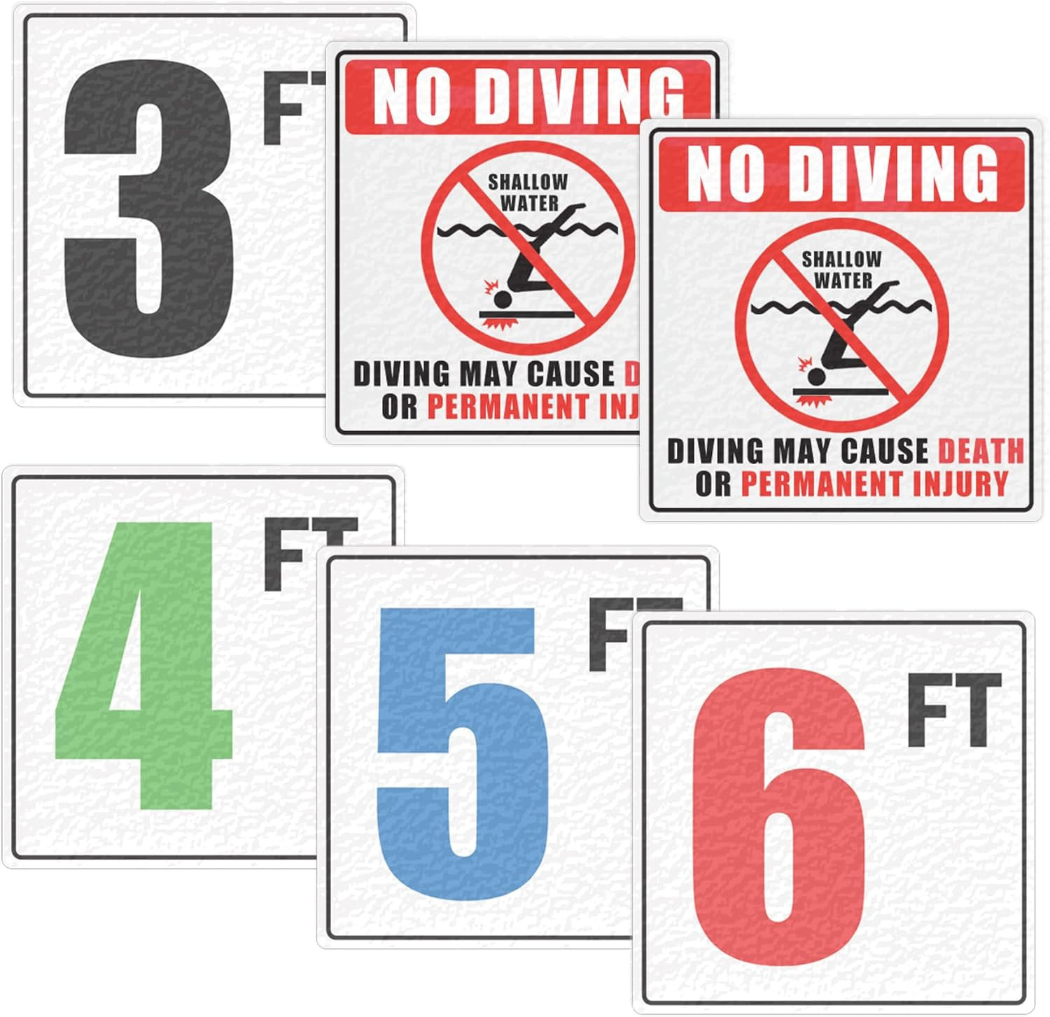 6X6 Inch Swimming No Diving Shallow Water Pool Warning Stickers 3 FT 4FT 5FT 6FT