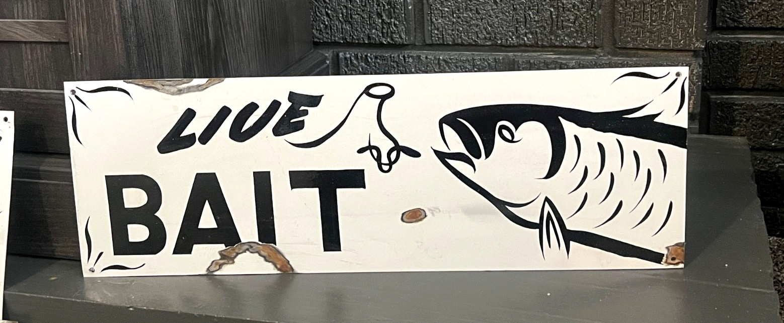 Vtg Hand Painted LIVE BAIT Fishing Worms Rusty Barn Tackle Lure Lake Store Sign