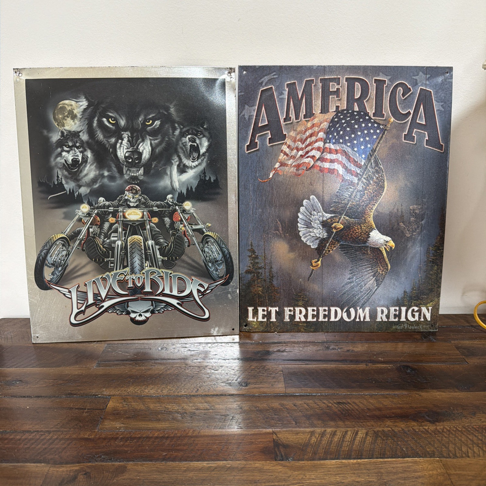 Two Metal Tin Signs Live To Ride America Let Freedom Reign Wall Decor