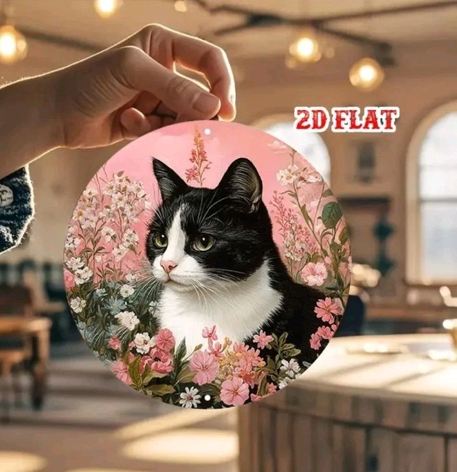 Black White Cat Pink Flowers Round Metal Sign 8″ Aluminum Wall Decor