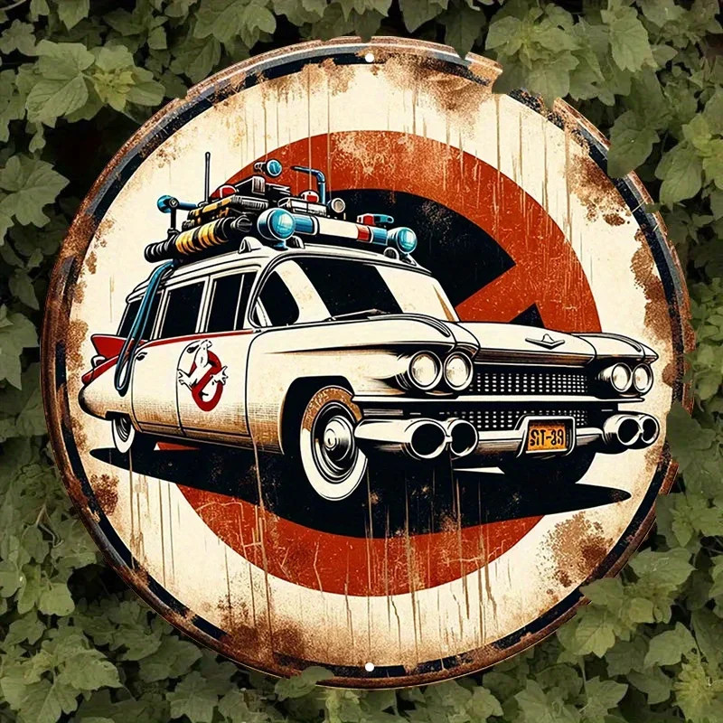 Wall Decor Ghostbusters Ecto-1 Car Vintage Metal Sign Retro Aluminum Round Wall
