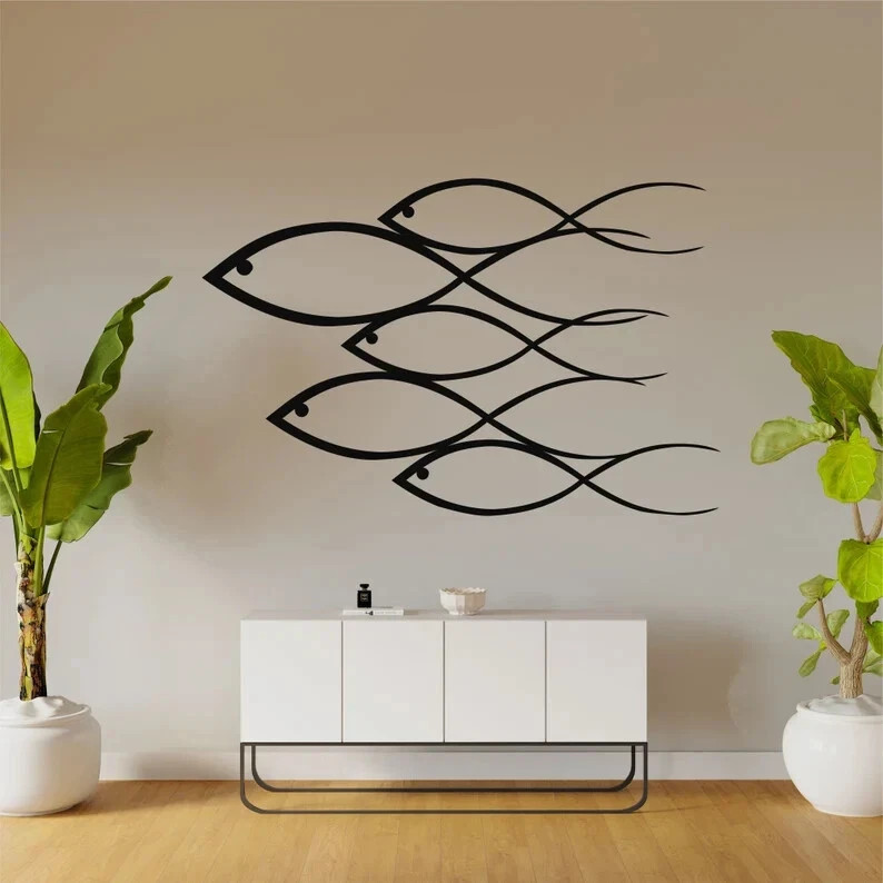 Metal Fish Wall Art Modern 5 Fish Family Wall Decor Home Office Hanging Sign