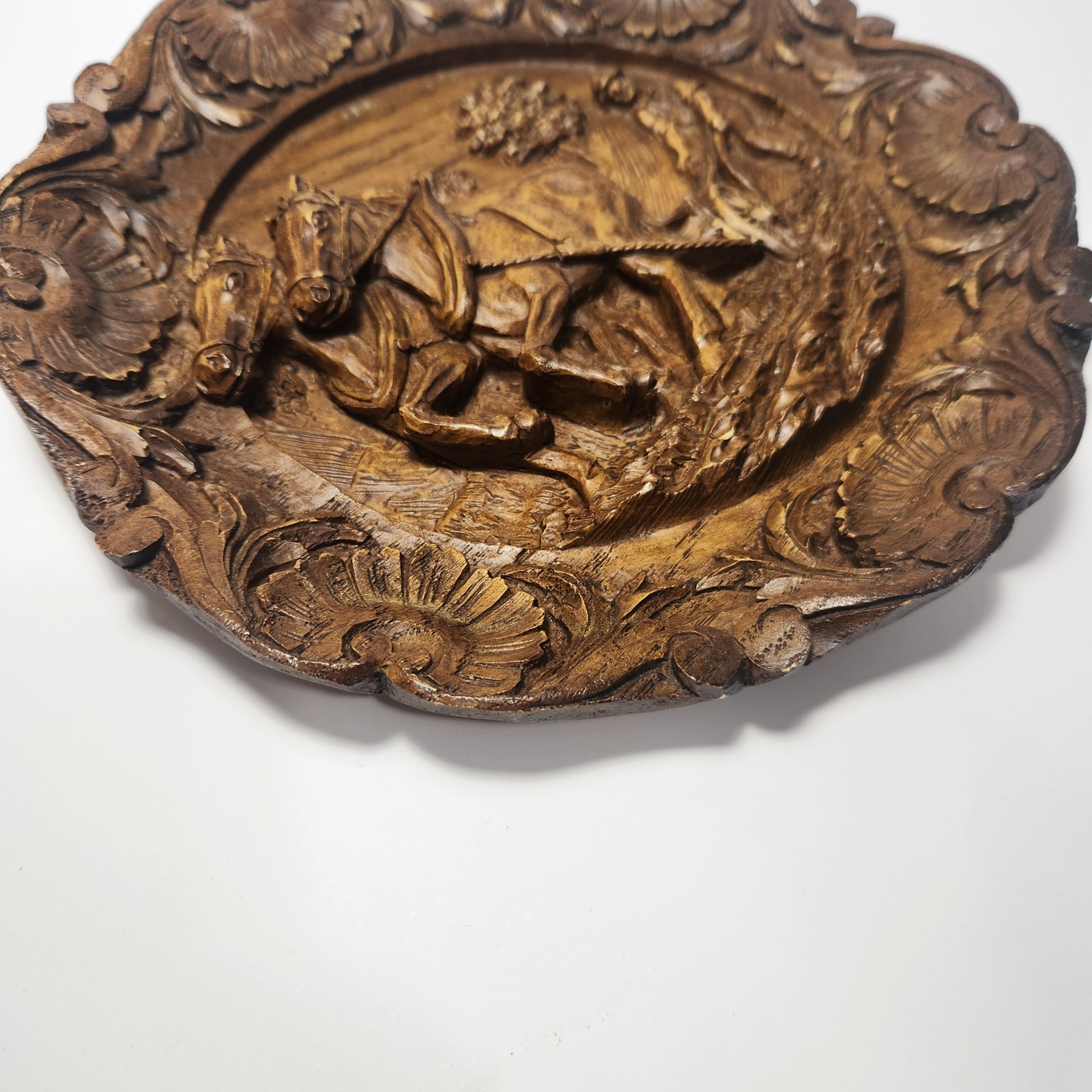 Hand Carved Wood/Resin Plaque Farmer Plowing Field Detailed