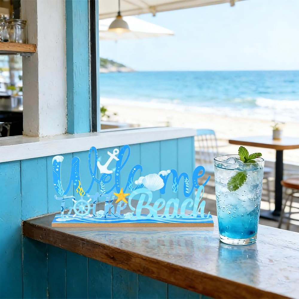 Coastal Beach Decor, Wood Metal Welcome to the Beach Sign for Table Decor, Farmh
