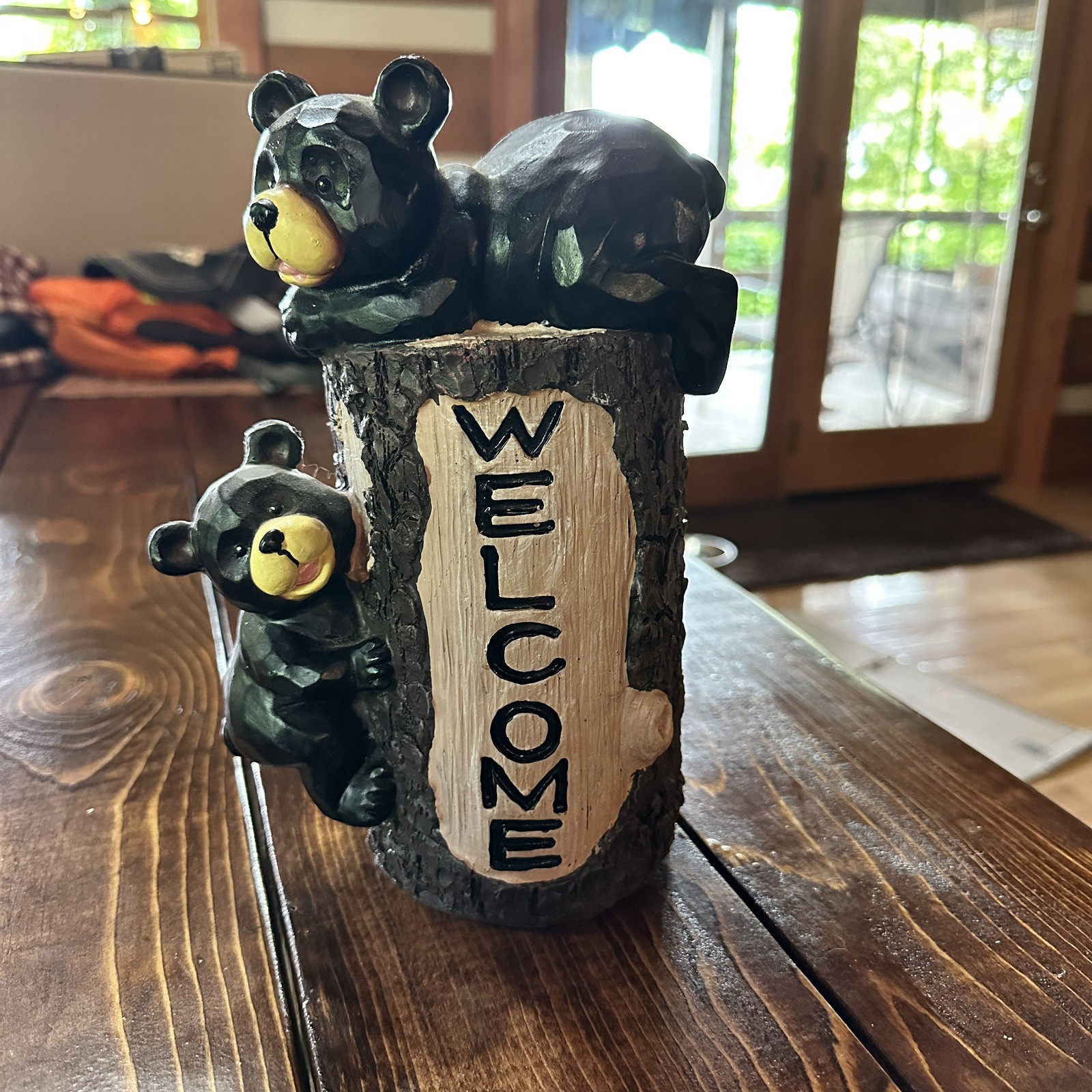 Black Bear Welcome Sign Log Statue