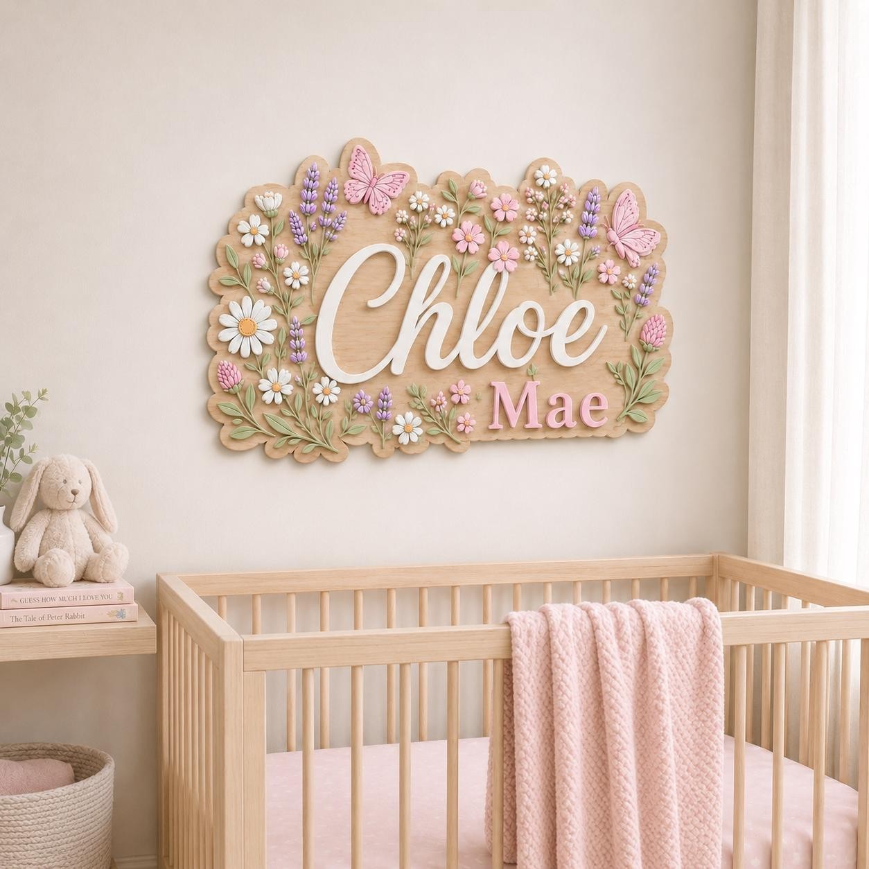 Personalized 3D Wood Name Sign, Floral Butterfly Nursery Decor, Boho Baby Girl