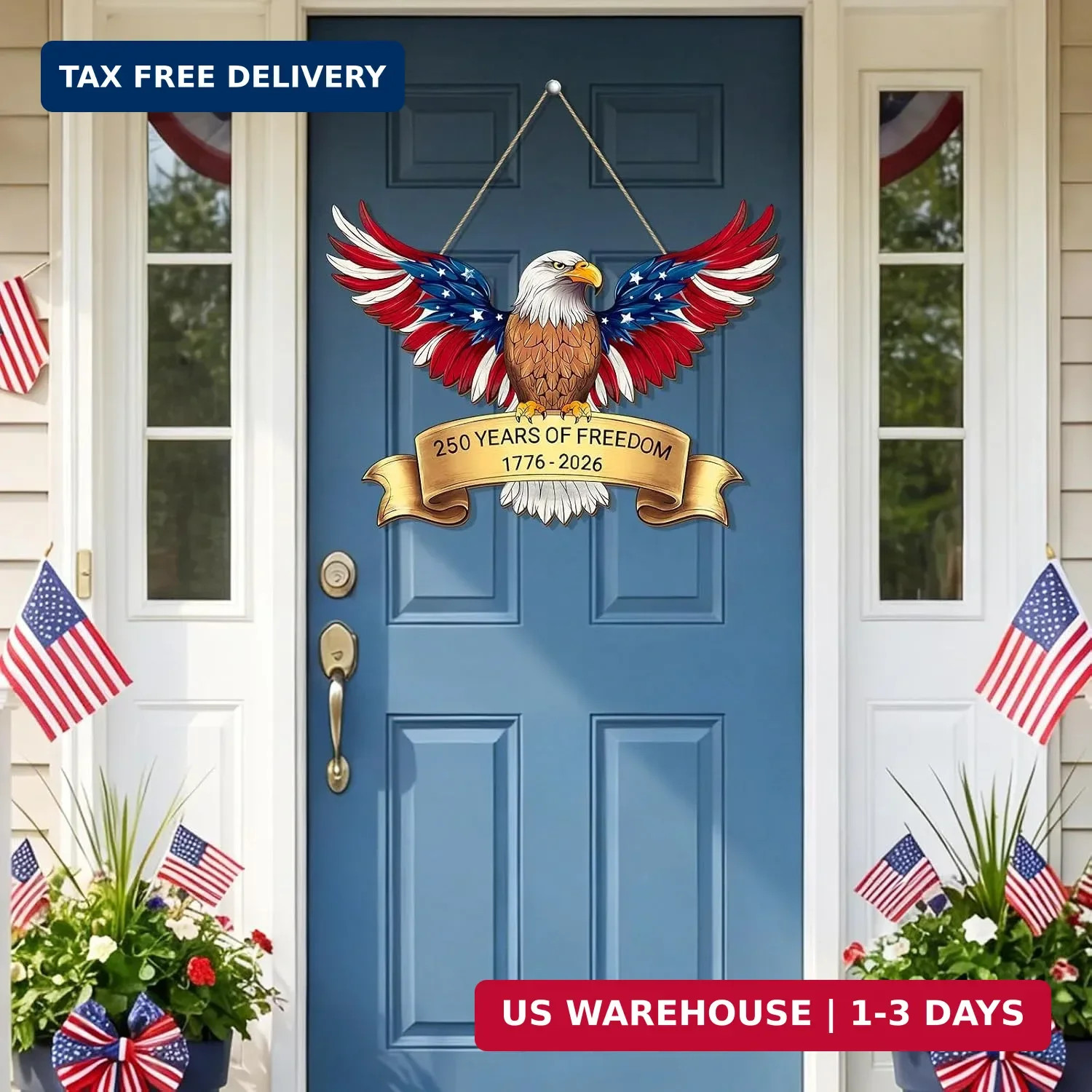 250th Anniversary 4th of July Door Sign, American Eagle 1776-2026 Wreath Patriot