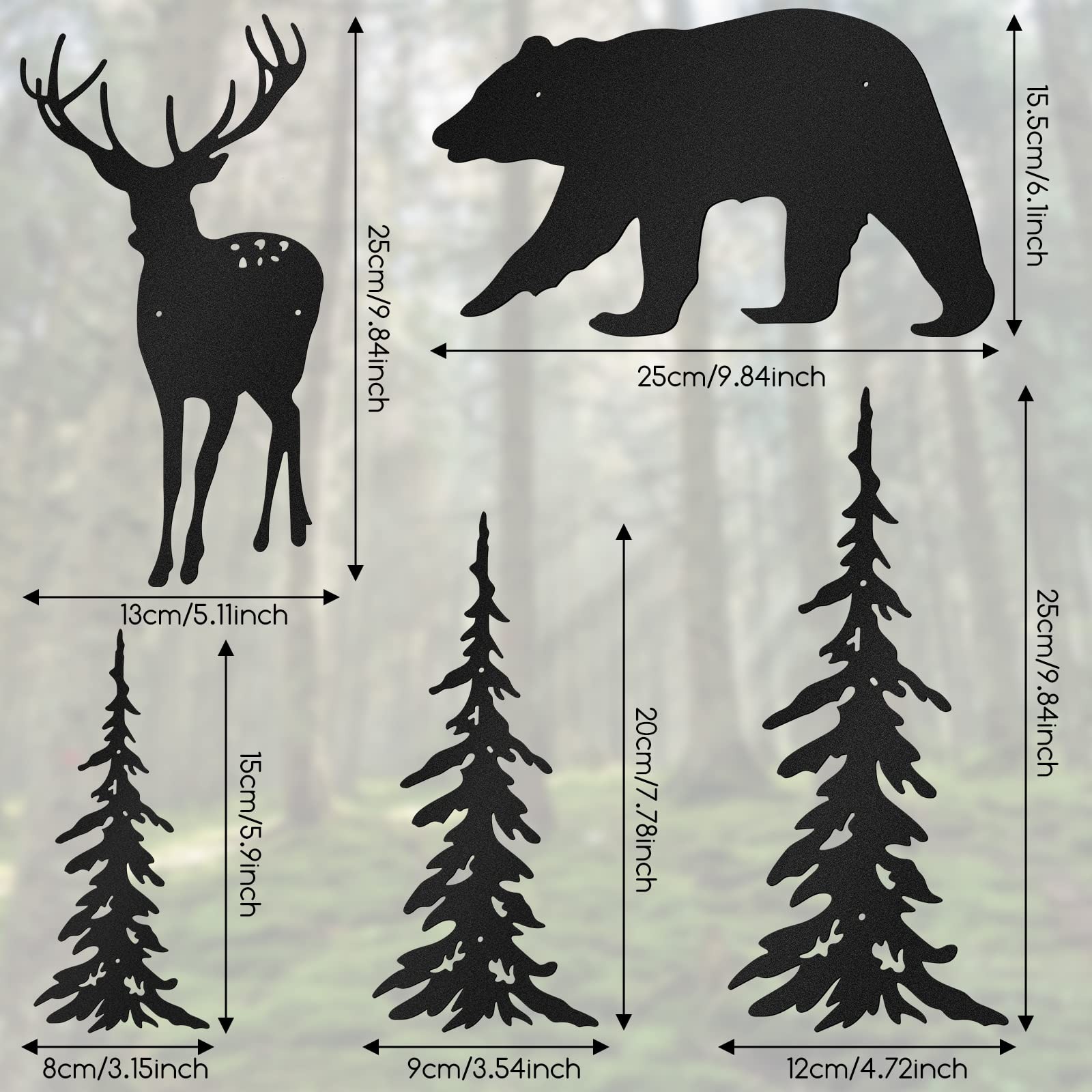 6 Pcs Metal Pine Tree Wall Art – Black Pine Tree Deer Bear Art Wall Decor for…