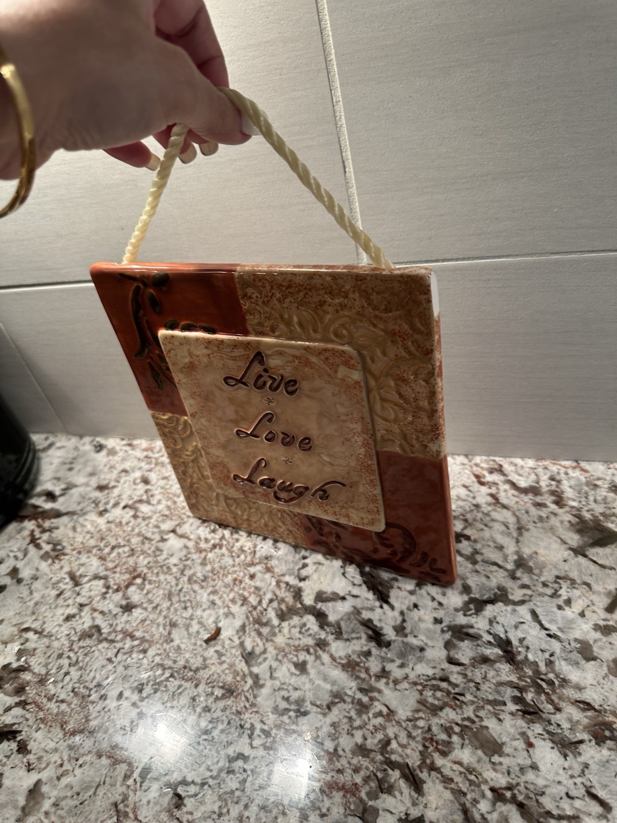 Live Love Laugh Ceramic Square Hanging Wall Plaque, Beige Brown Glossy Textured