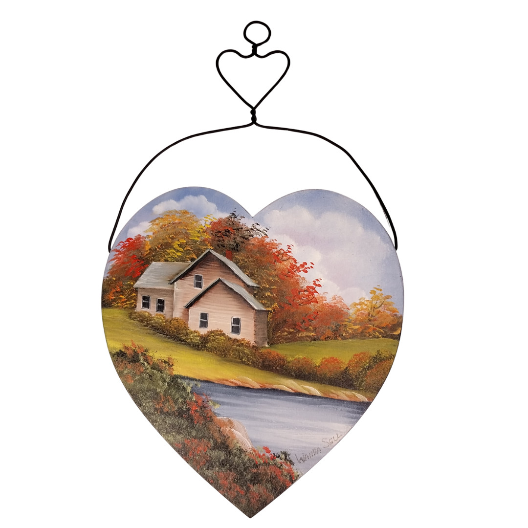 Handpainted Country House on Wooden Heart Plaque Wire Hanger Signed Wanda Sell